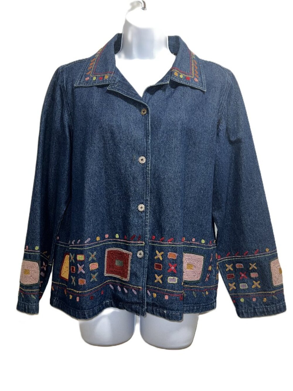 VTG Southwestern Boho New Identity Embroidered Blue Denim Jacket Women's Medium